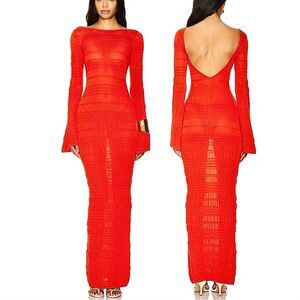 NWT Lovers and Friends Maxi Dress Red Knit Dorti Long Sleeve Coverup size S